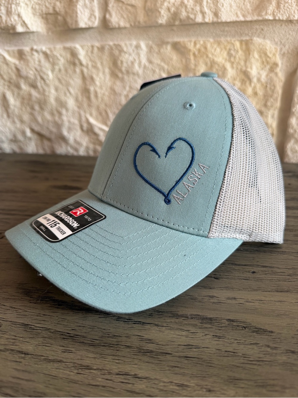 Alaska Fishhook Heart Embroidered Mesh-Back Cap Adjustable Teal Unisex